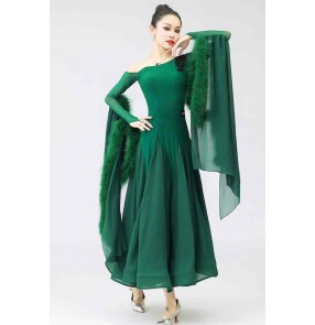 Custom size Green feather ballroom dance dresses for women slant neck competition waltz tango foxtrot smooth dance long gown